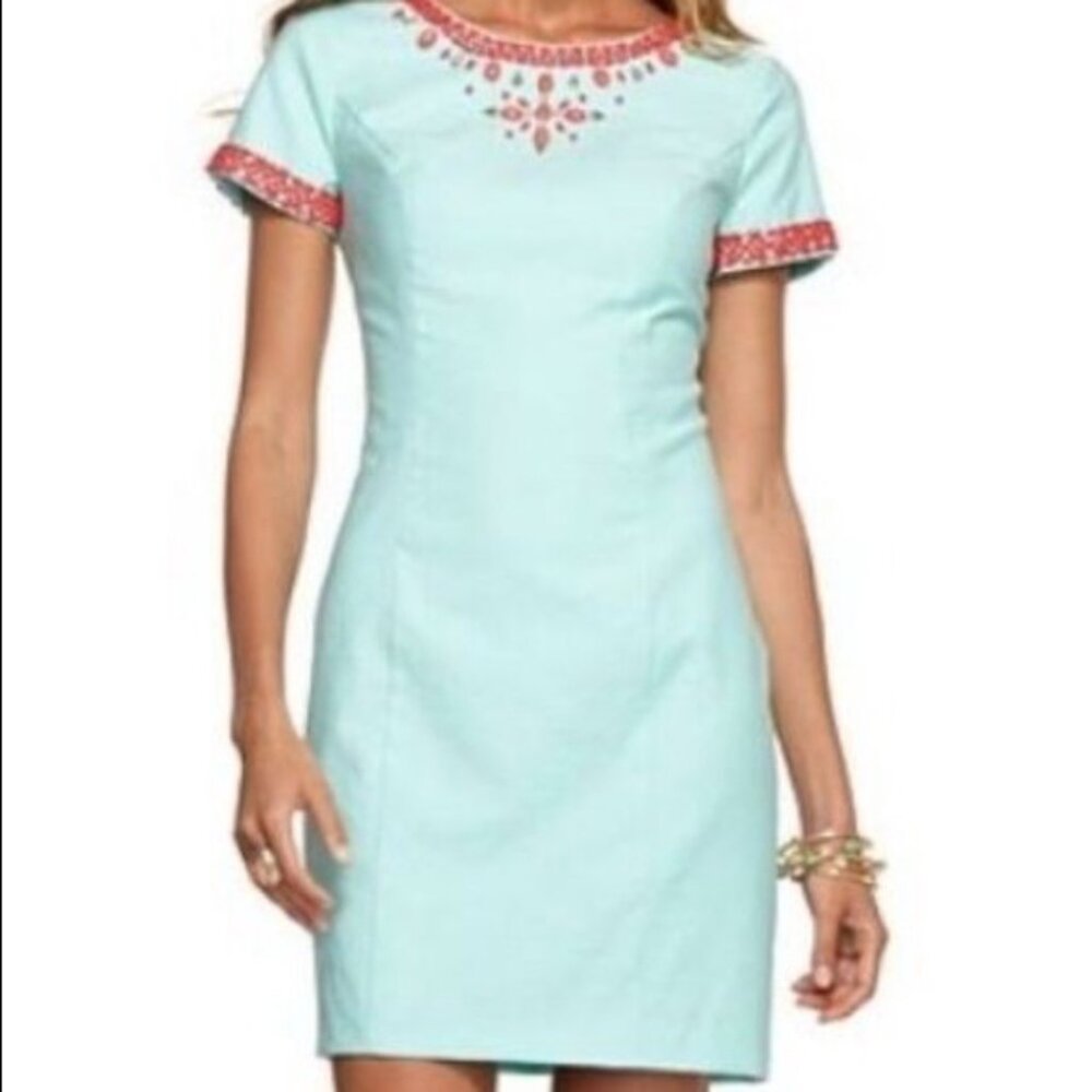 Lilly Pulitzer Nora Dress in Crystal Waters Coral Beading EUC Sheath Size 4